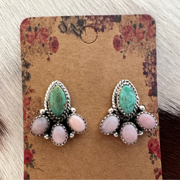 ❤️ Emerald Valley Turquoise & Pink Opal Navajo Style Sterling Cluster Earrings - Picture 4 of 16